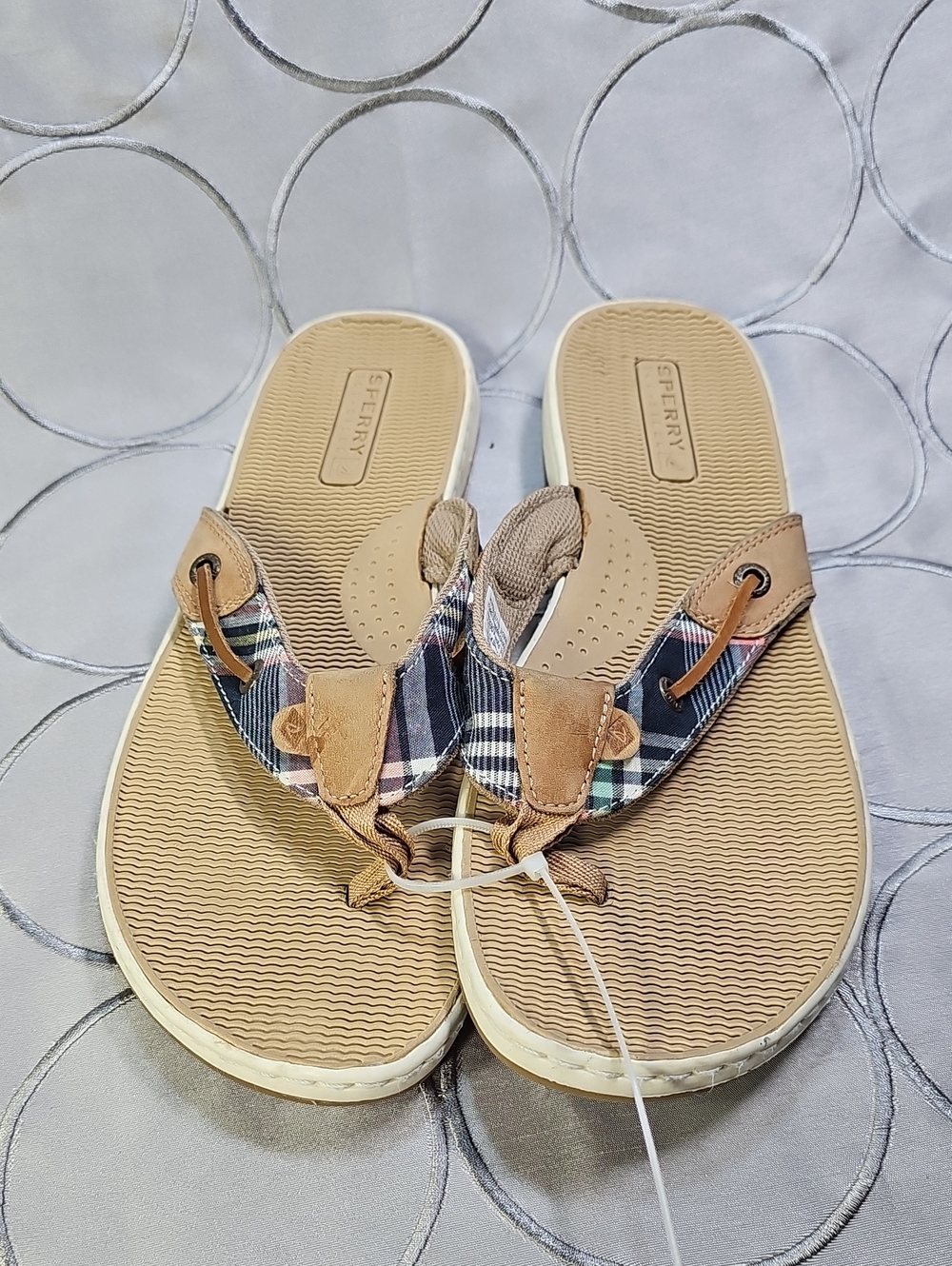 Sperry Tan Plaid Strap Thong Sandals Boat Shoe Flip Flop Classic